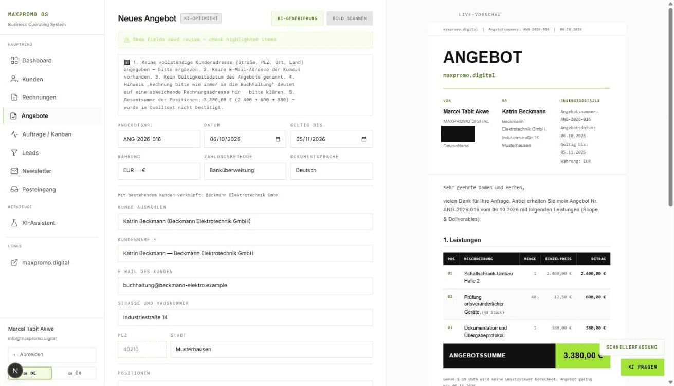Ein aus einer E-Mail ausgefülltes Angebotsformular mit Prüfhinweisen des Systems und einer Vorschau mit drei Positionen und 3.380,00 Euro Summe.